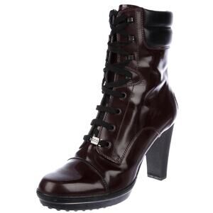 Tod’s Aspen Tronchetto Lace-Up Patent Leather Ankle Boots Brown 38.5 EU 8 US